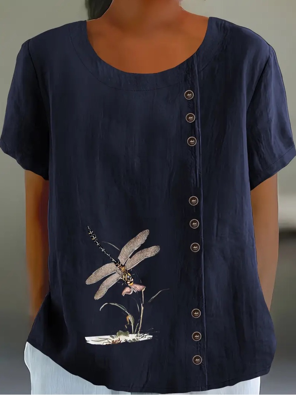 Navy Blue Dragonfly Button Accent Pullover Top 3X